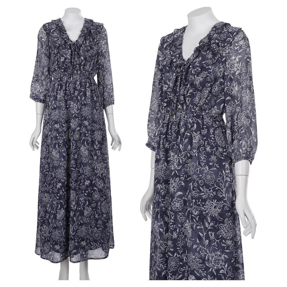 Joie Dress XS Blue Floral Maxi 3/4 Sleeve Tie-Neck Ruffle Elastic Waist Lined